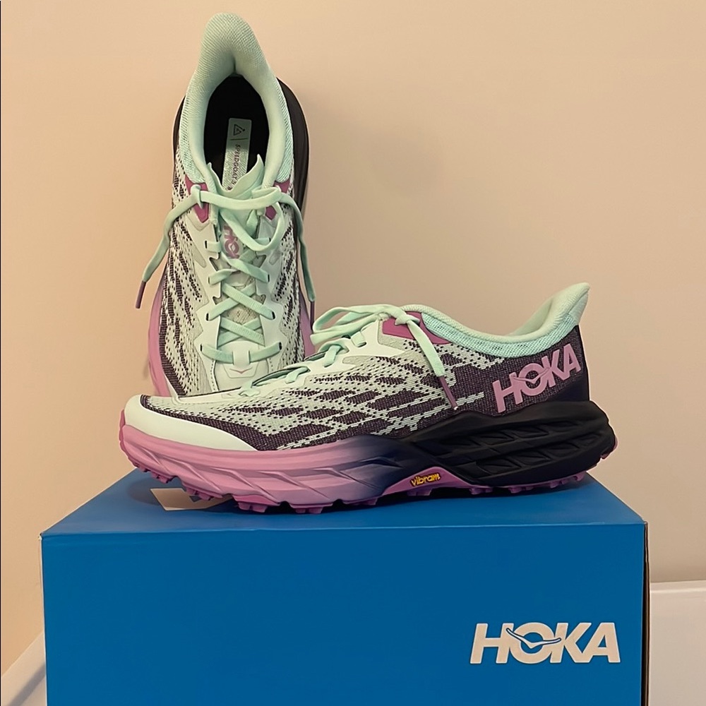 Hoka Athletic Shoes Green and Pink Maximalist Cushioning